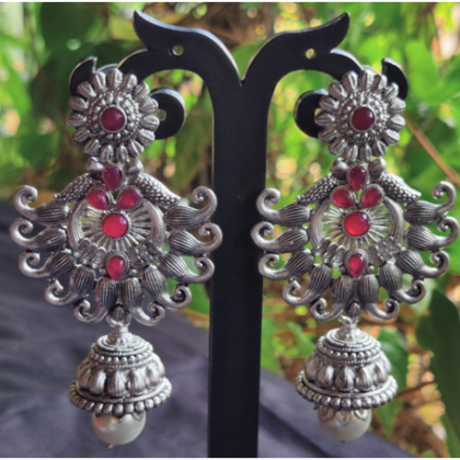 German silver earrings with red crystals and a dangling Pearls
